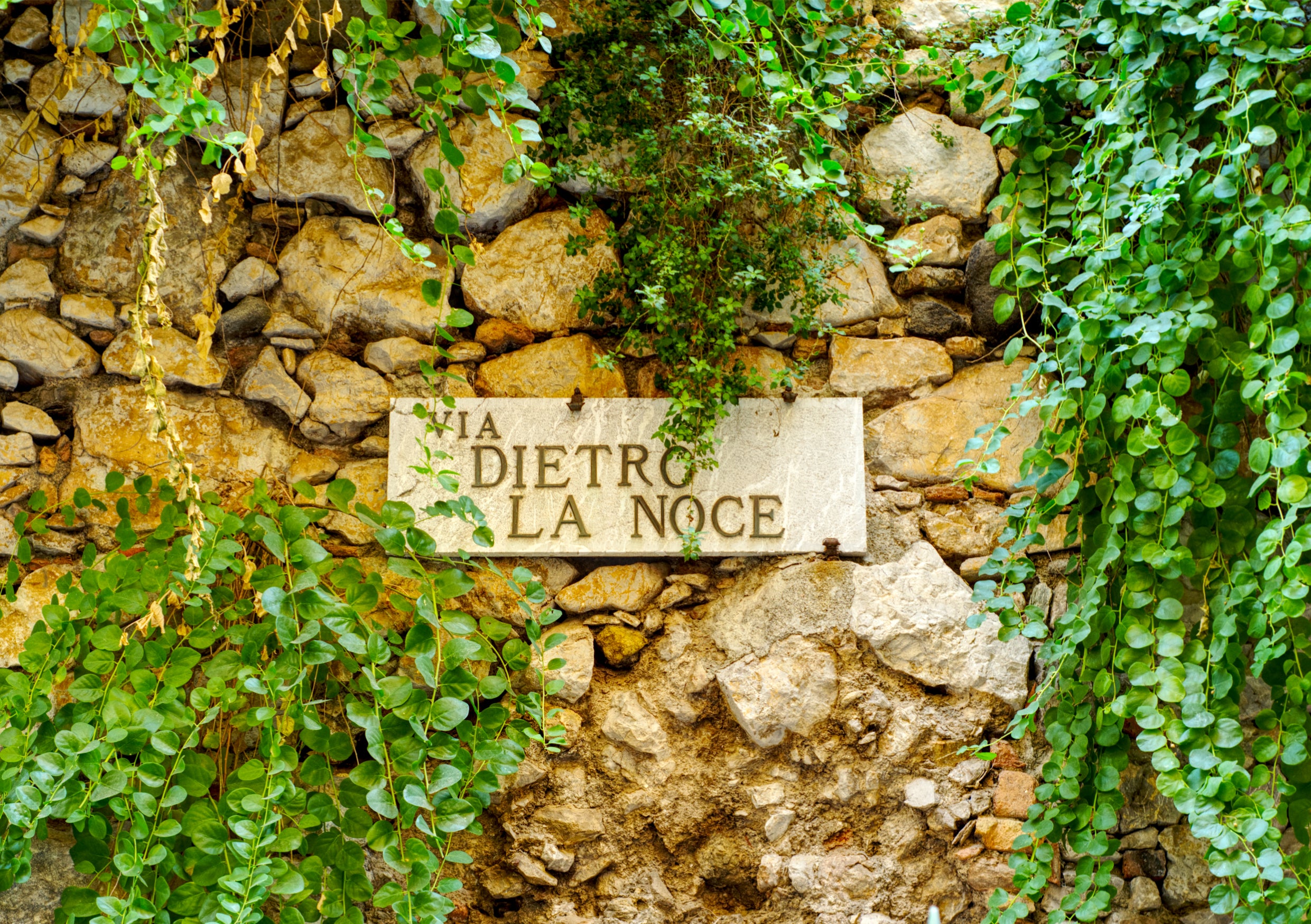 Fine Art Print eines mediterranen Straßenschilds auf Sizilien mit bewachsenem Stein